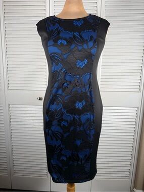 A.K.A. Posh NWOT Black Blue Floral Lace Sheath Pull-On Dress Size Small